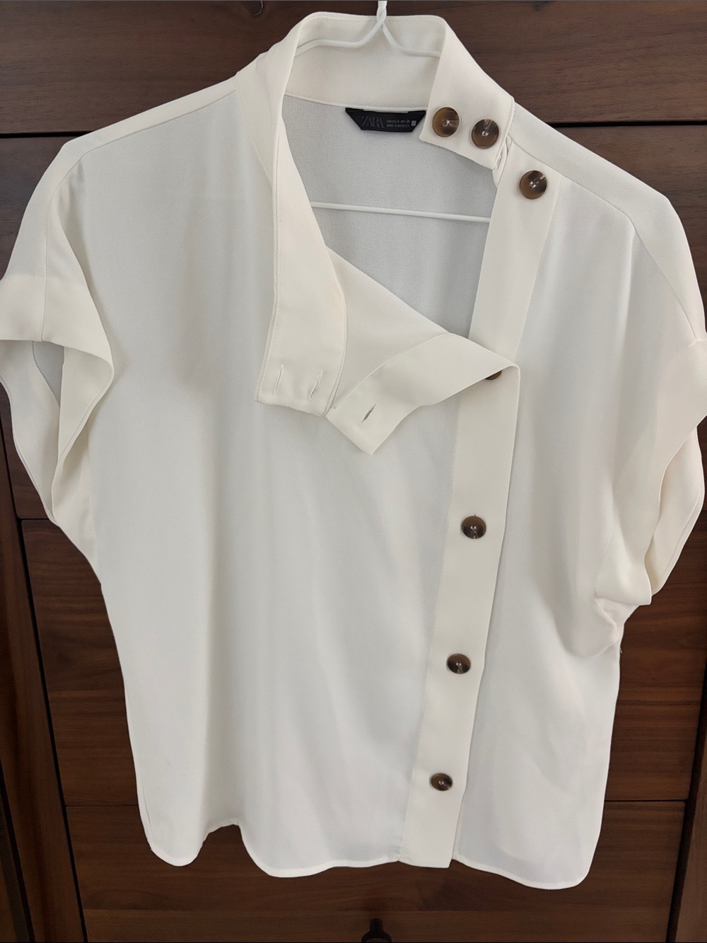Zara Cream Short Sleeve Button-Accent Blouse with Brown Buttons